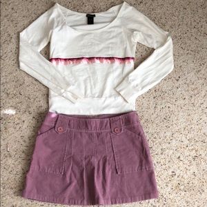 Ribbon stripe top & corduroy skirt